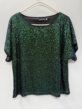 PrettyGuide Green Black Sequin Top Size 10 Dolman Batwing Sleeve Party Holiday